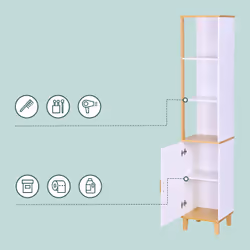 Armoire De Salle De Bain Relaxdays, H X L X P : 169x33x31 Cm, 5 Étagères, Bambou, Mdf, Haute, Étroite, Blanc/nature. - Vue supplémentaire 2