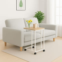Table D'Appoint Relaxdays, Roulettes, 68 X 50 X 35 Cm, Mdf/métal, Forme En C Glissable Sous Le Canapé, Marron/blanc