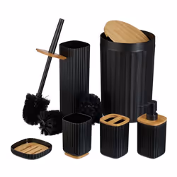 Relaxdays Lot de 6 accessoires pour la salle de bain plastique et bambou set pratique noir et nature
