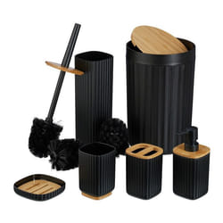 Relaxdays Lot de 6 accessoires pour la salle de bain plastique et bambou set pratique noir et nature