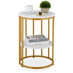 Relaxdays - Table d'appoint, 2 plateaux aspect marbre, métal et mdf, h x d : 57 x 40 cm, pour le salon, blanc et doré