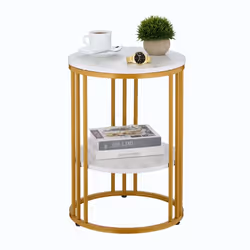 Relaxdays Table dappoint métal et MDF 2 plateaux aspect marbre H x D : 56 x 40 cm pour le salon blanc et doré