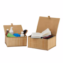 Relaxdays Bac de rangement lot de 2 bambou et polyester couvercle pratique pour salle de bain et chambre nature