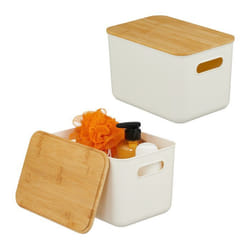 Relaxdays Bac de rangement lot de 2 coffre en plastique et couvercle en bambou HLP 16 x 26 x 175 cm blanc & nature