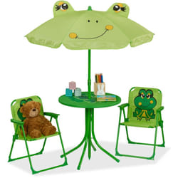 Relaxdays - Salon de jardin, enfant, table, chaises, parasol, pour petit fan de grenouilles, pour plage ou camping, vert