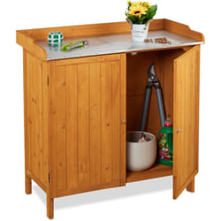 Relaxdays - Table à plantes avec rangement, bois, plateau en étain, hlp : 94 x 94 x 47 cm, armoire de jardin, orange