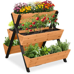 Relaxdays - Jardinière verticale, bois, h x l x p : 82 x 75 x 90 cm, potager 5 bacs, balcon, terrasse, orange/noir