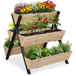 Relaxdays - Jardin vertical, bois, h x l x p : 82 x 75 x 90 cm, bac surélevé avec 5 bacs, balcon, terrasse, naturel/noir