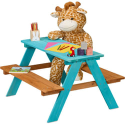 Relaxdays Table de pique-nique, pour 4 enfants, en bois de pin, H x L x P : 51 x 90 x 78 cm, jardin, bleu et marron