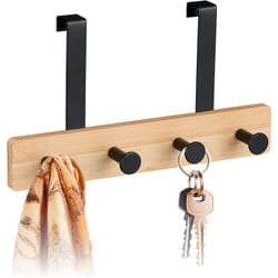 Relaxdays - Portemanteau décoratif et pratique, pour porte, patère 4 crochets, à suspendre, bambou et métal, nature & noir