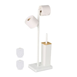 Relaxdays - Serviteur wc, non fixe, porte-rouleau, mélange de matériaux, h x l x p : 71 x 23 x 18 cm, blanc et nature