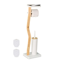 Relaxdays - Serviteur wc non fixe, support téléphone, h x l x p : 80,5 x 23 x 18 cm, pour salle de bain, blanc et nature