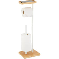Relaxdays - Support pour votre papier toilette, bambou et métal, 66,5 x 31 x 17 cm, pour la salle de bain, blanc et nature