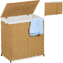 Relaxdays - Panier à linge, avec couvercle, optique rotin, 110 litres, 2 compartiments, hlp : 60x58x34 cm, marron et beige