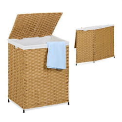 Relaxdays Panier à linge couvercle optique rotin 90 litres HxLxP : 60 x 46 x 34 cm marron et beige