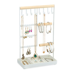 Relaxdays - Porte-bijoux, organisateur de colliers & bracelets, support avec rangement, bois et métal, blanc/naturel