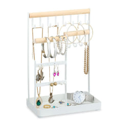 Relaxdays - Porte-bijoux, rangement pour colliers et boucles, présentoir à bijoux en bois et métal, blanc/naturel