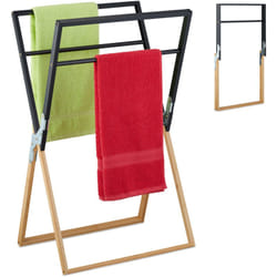 Relaxdays - Porte-serviettes pliable, pour torchons et serviettes, 4 barres, en bambou et fer, nature et noir