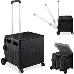 Relaxdays - Chariot de courses pliable, caisse à roulettes, avec couvercle, poignée inclinable, 50 kg, noir