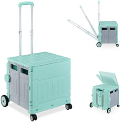 Relaxdays - Chariot de courses pliable, caisse à roulettes, avec couvercle, poignée inclinable, 50 kg, turquoise/gris