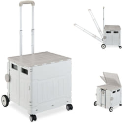 Relaxdays - Chariot de courses pliable, caisse à roulettes, avec couvercle, poignée inclinable, 50 kg, gris/blanc