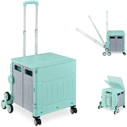 Relaxdays - Chariot de courses monte escalier, pliable, caisse à roulettes avec couvercle, jusqu'à 50 kg, turquoise/gris