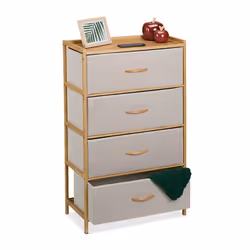 Relaxdays Commode à 4 tiroirs HxLxP : 94 x 58 x 325 cm meuble de rangement bambou et tissu beige/nature