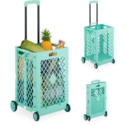 Relaxdays - Chariot de courses pliable, caisse sur roulettes, 25 kg, poignée télescopique, grillagé, turquoise