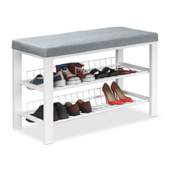 Relaxdays Banc à chaussures 2 niveaux de rangement HLP :  505 x 82 x 33 cm tissu et métal gris/blanc