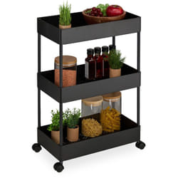 Chariot de cuisine, 3 niveaux, desserte, hlp : 65 x 39,5 x 21,5 cm, salle de bain, bureau, noir - Relaxdays