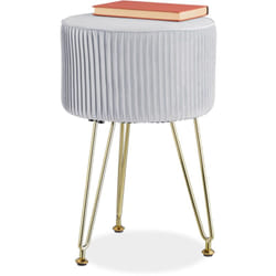 Tabouret en velours, matelassé, pieds en épingle, h x d : 45 x 29 cm, rond, salon, chambre, gris/doré - Relaxdays