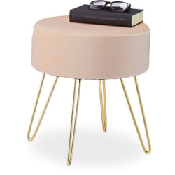 Relaxdays - Tabouret à 4 pieds, en velours, rembourré, h x d : 40 x 37 cm, pour le salon. beige et doré