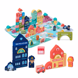 Relaxdays Holzbausteine Stadt im Set, Aire de jeux, Multicolore