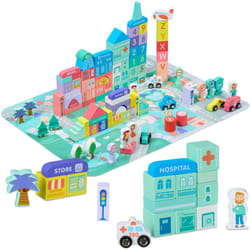 Relaxdays Blocs de construction ville, set A, 108 pièces, tapis de puzzle, bâtiments, lettres, chiffres, multicolores