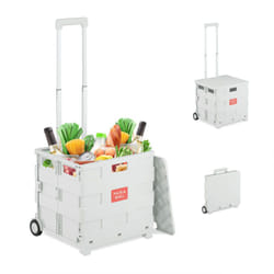Relaxdays Chariot de courses pliable, avec roulettes, couvercle et poignée télescopique, jusqu'à 35 kg, blanc