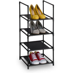 Rangement à chaussures, 4 niveaux, HxLxP : 72x33x33 cm, meuble métal & niveaux en tissu, étroit, noir - gris - Relaxdays