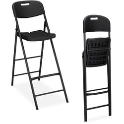 Tabouret de bar pliant, lot de 2, avec dossier, hlp : 118 x 44,5 x 82 cm, plastique & acier, noir - Relaxdays