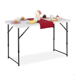 Relaxdays Table de camping pliante HLP: 535x120x60 cm plastique & acier résistante aux intempéries blanche