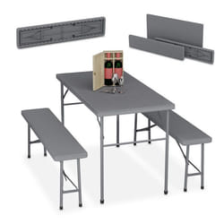 Relaxdays Ensemble table pliante et 2 bancs pour jardin pavillon ou camping 120 cm aspect rotin gris