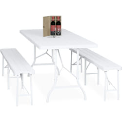 Relaxdays - Ensemble table pliante et 2 bancs, pour jardin, pavillon ou camping, effet bois, 180 cm, blanc