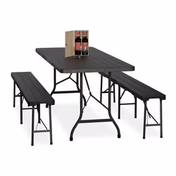 Relaxdays Ensemble table pliante et 2 bancs pour jardin pavillon ou camping effet bois 180 cm noir