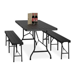 Relaxdays Ensemble table pliante et 2 bancs pour jardin pavillon ou camping effet bois 180 cm noir