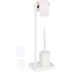 Relaxdays - Serviteur wc, HxLxP : 66,5x23x18 cm, support papier toilettes, brosse et porte-brosse, acier inoxydable, blanc