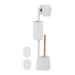 Relaxdays - Serviteur wc, bambou, acier inoxydable, support à poser, brosse et porte-brosse, blanc