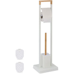 Relaxdays - Serviteur wc, bambou, acier inoxydable, support à poser, brosse et porte-brosse, blanc - nature