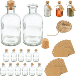 Mini bouteilles, lot de 16, petites fioles, bouchon de liège, 125ml, à remplir, étiquettes, transparent/nature - Relaxdays
