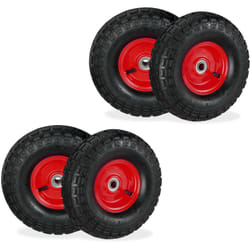 Relaxdays - Lot de 4 roues de diable 4.10/3.50-4, pneus de rechange, axe de 16 mm, 136 kg max., 260x85 mm, noir - rouge