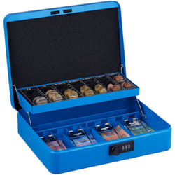 Relaxdays Caisse à monnaie, pratique, combinaison à 3 chiffres, en fer, H x L x P : 8,5 x 30,5 x 25 cm, bleue