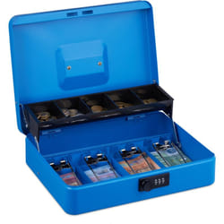 Relaxdays - Caisse à monnaie, pratique, combinaison à 3 chiffres, pour billets et pièces, verrouillable, bleue