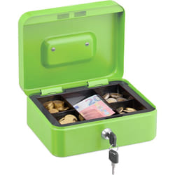 Relaxdays - Caisse à monnaie, verrouillable, compartiment amovible divisé en 5, fer, h x l x p : 8,5 x 20 x 17 cm, verte